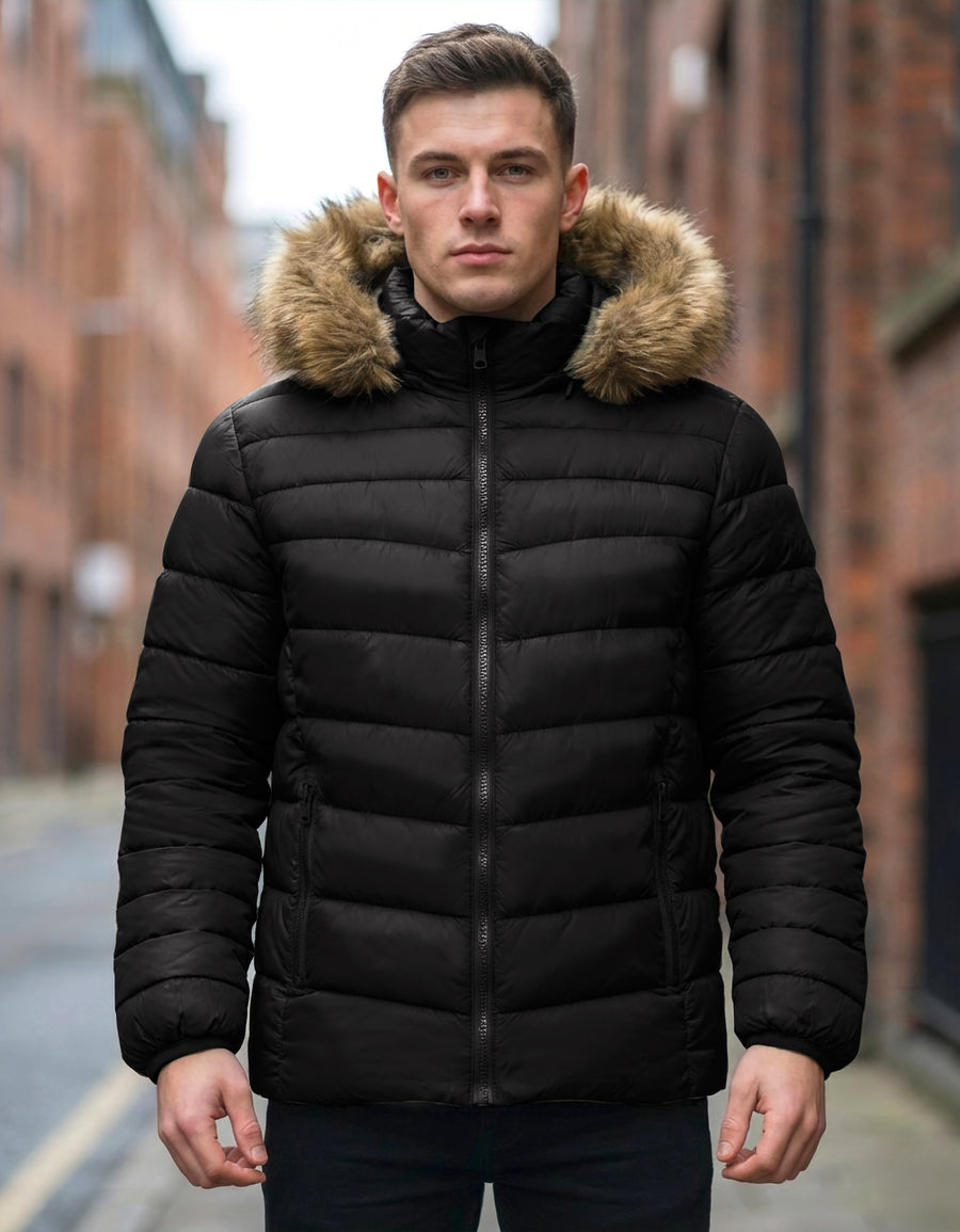 Chamarra Puffer Hombre con Capucha de Peluche · Acolchada y Térmica · CH a XG color Negro