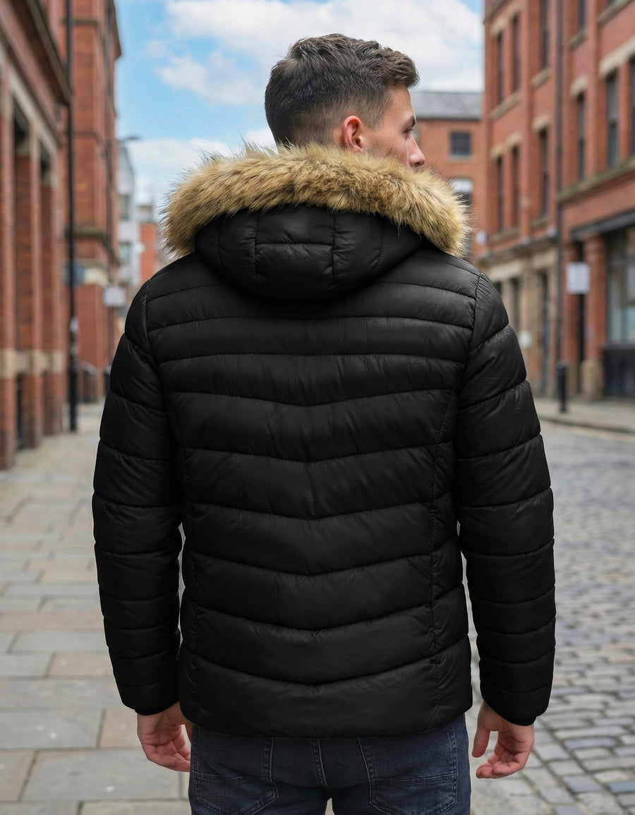 Chamarra Puffer Hombre con Capucha de Peluche · Acolchada y Térmica · CH a XG color Negro