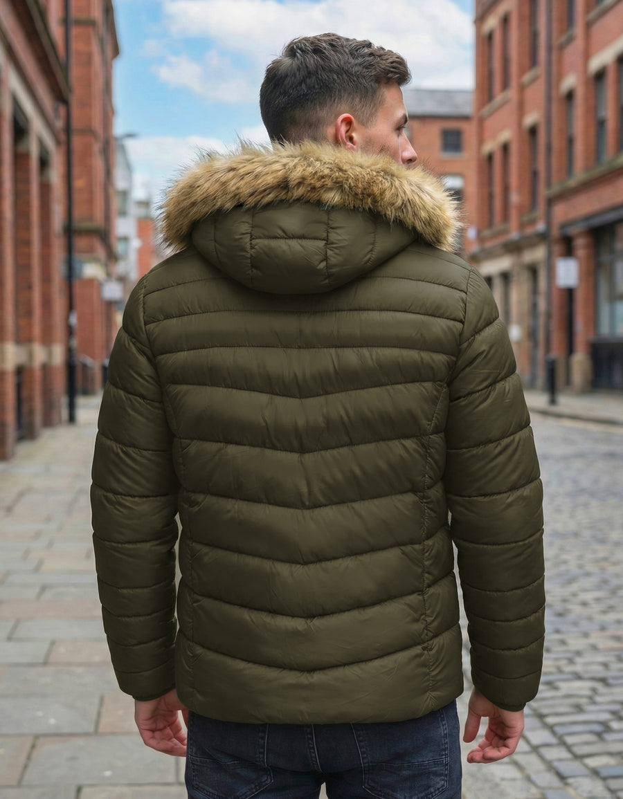 Chamarra Puffer Hombre con Capucha de Peluche · Acolchada y Térmica · CH a XG color Verde Militar