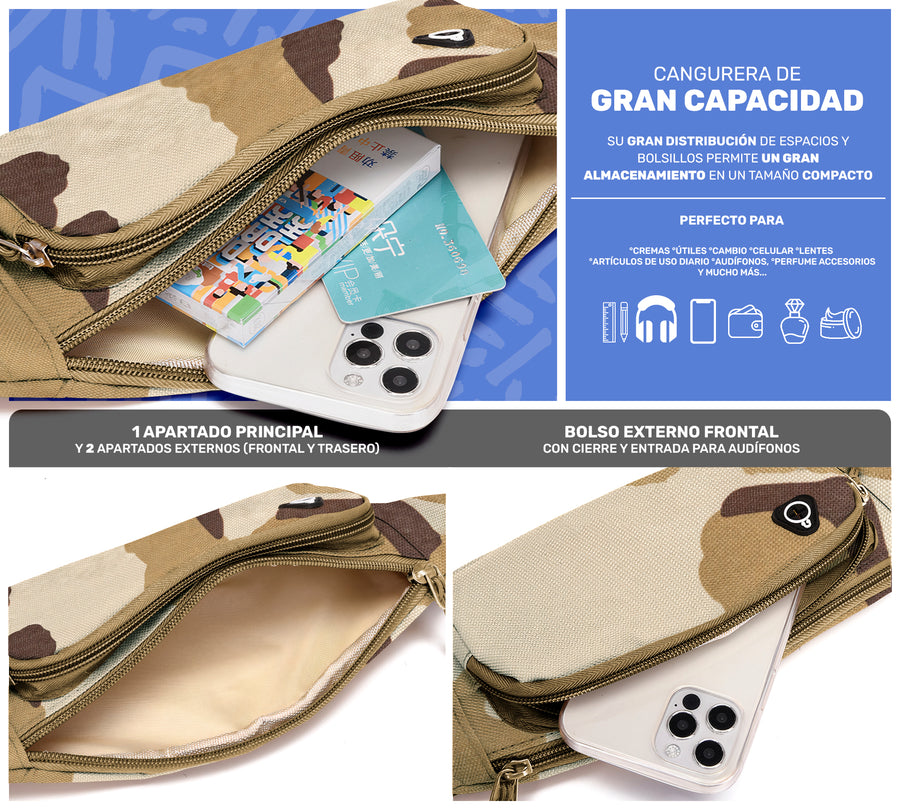Cangurera Riñonera Deportiva Camuflaje · 3 Bolsillos y Salida para Audífonos color Camuflaje Arena
