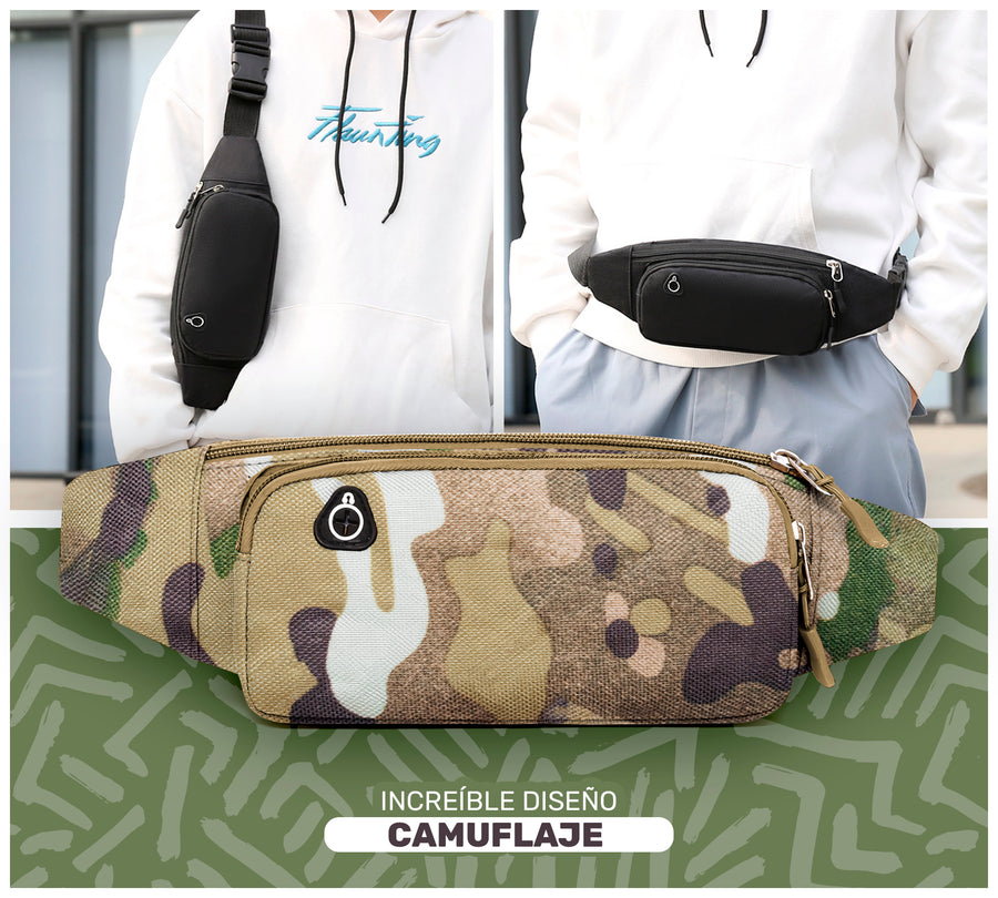 Cangurera Riñonera Deportiva Camuflaje · 3 Bolsillos y Salida para Audífonos color Camuflaje Verde