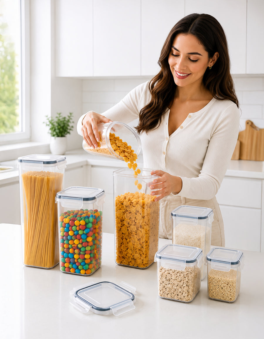 Set de 6 Contenedores Herméticos para Despensa · Cereal, Pasta y Granos · Libres de BPA