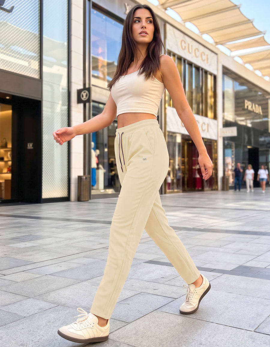 Pantalón de Pana Mujer Recto Cintura Alta con Cordón y Bolsillos color Beige