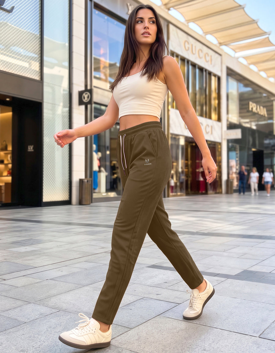 Pantalón de Pana Mujer Recto Cintura Alta con Cordón y Bolsillos color Café