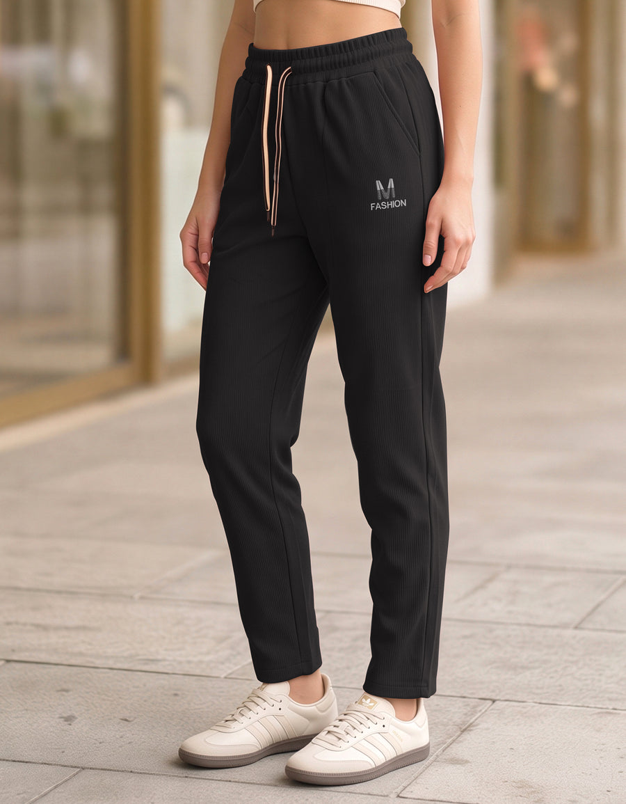 Pantalón de Pana Mujer Recto Cintura Alta con Cordón y Bolsillos color Negro