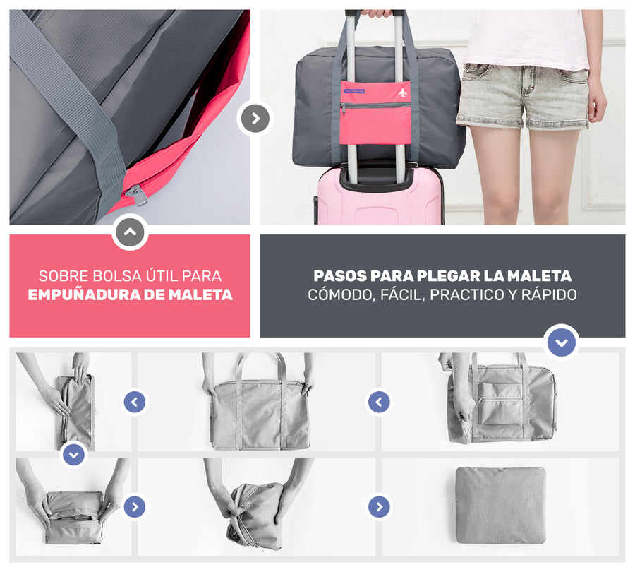 Maleta Bolsa de Viaje Plegable Impermeable · Se Monta en la Maleta · Equipaje de Cabina color Gris con Rosa