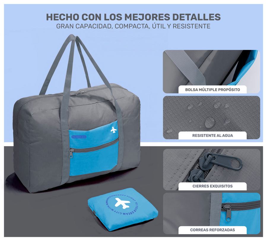 Maleta Bolsa de Viaje Plegable Impermeable · Se Monta en la Maleta · Equipaje de Cabina color Gris con Azul