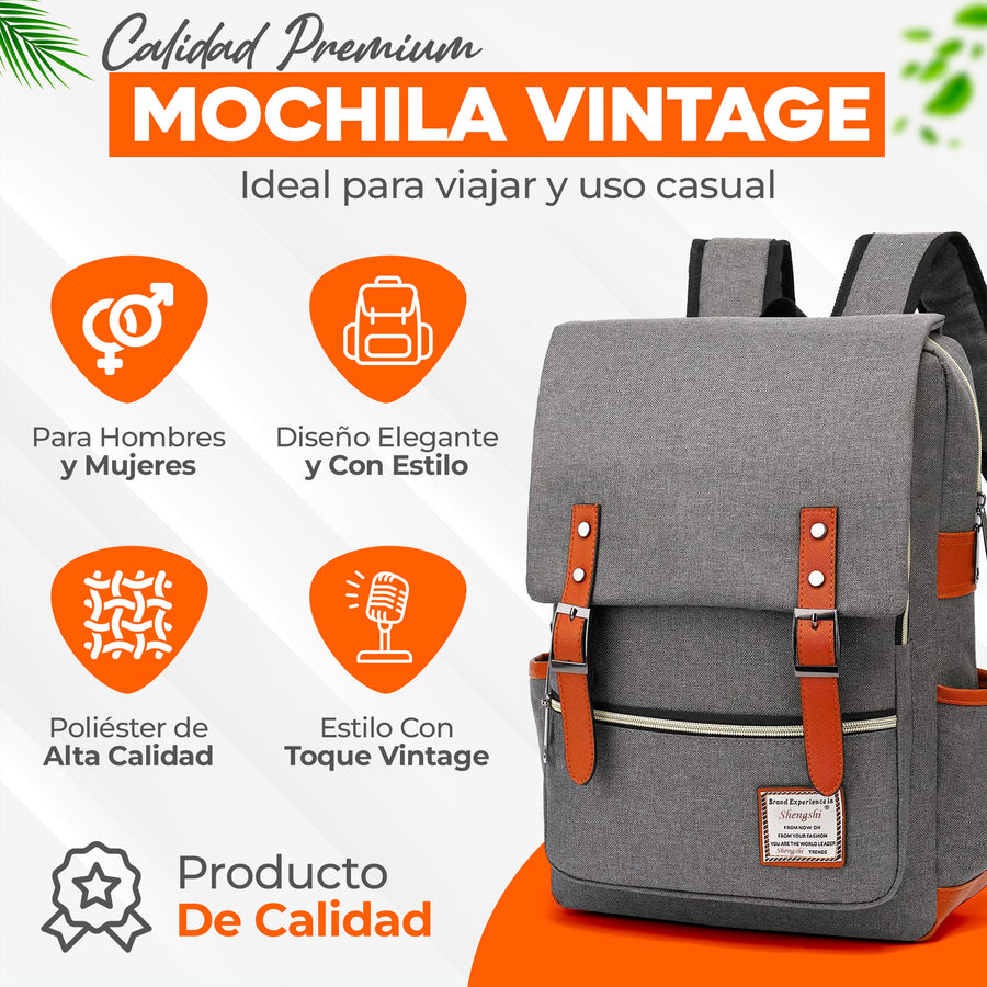 Mochila Vintage Retro Hombre y Mujer con Puerto USB · Tela Oxford · Compartimento para iPad color Gris