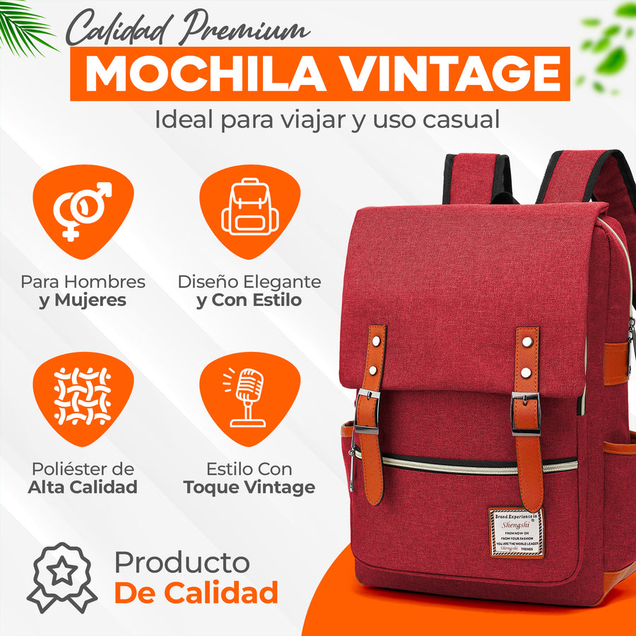 Mochila Vintage Retro Hombre y Mujer con Puerto USB · Tela Oxford · Compartimento para iPad color Rojo