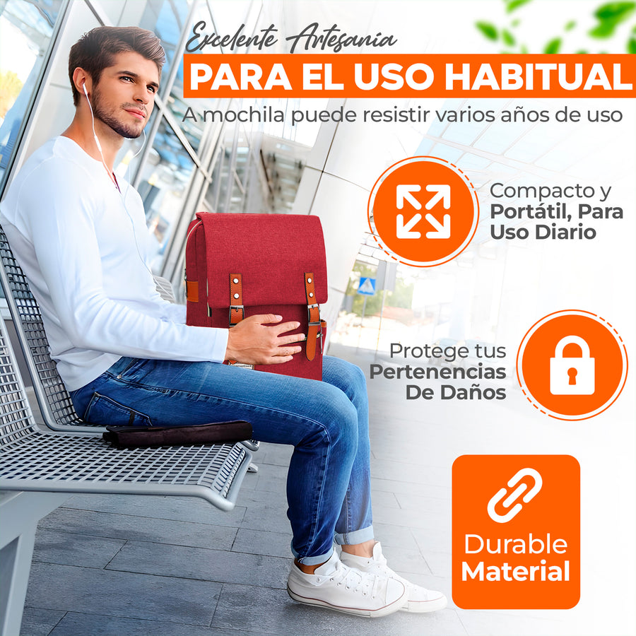 Mochila Vintage Retro Hombre y Mujer con Puerto USB · Tela Oxford · Compartimento para iPad color Rojo