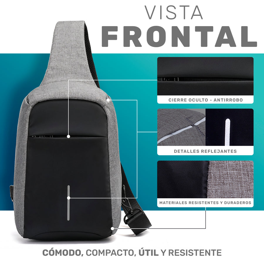 Bandolera Hombre Antirrobo con Puerto USB · Mochila Cruzada para iPad 9.7" · Gris color Gris