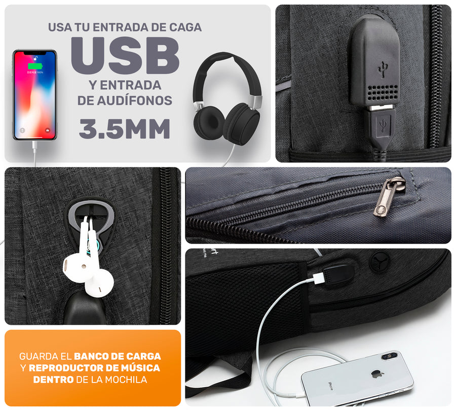 Kit Mochila Ejecutiva para Laptop con Puerto USB · Incluye Bolsa Cruzada y Lapicera