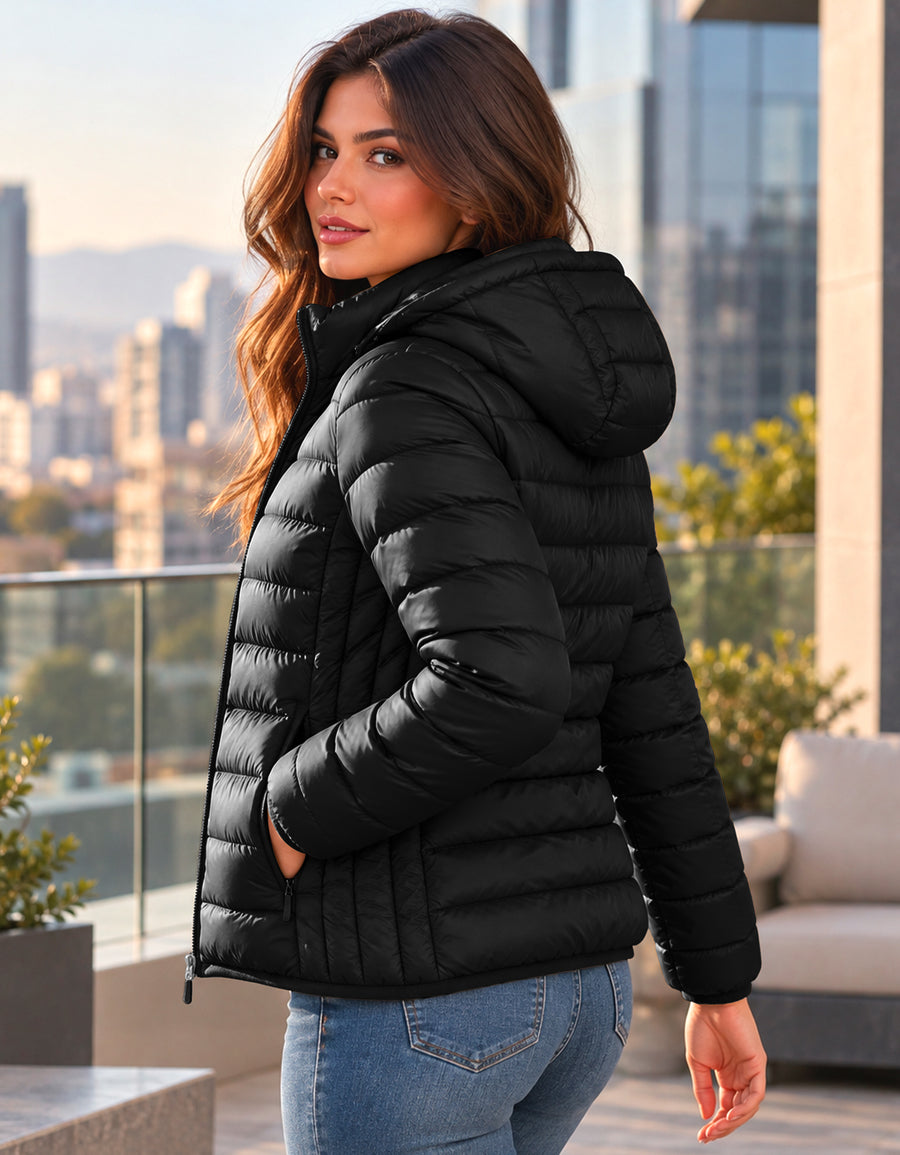 Chamarra Acolchada Mujer con Capucha · Ligera y Entallada color Negro