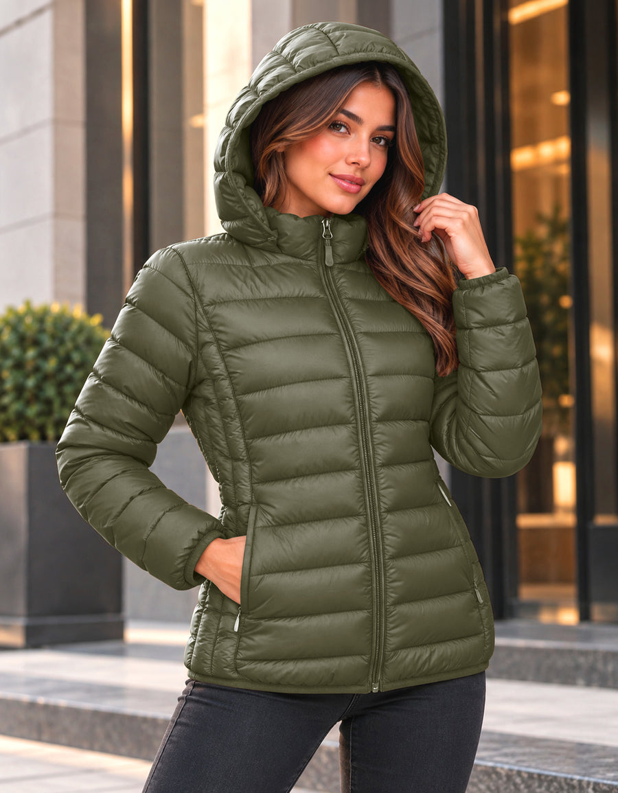 Chamarra Acolchada Mujer con Capucha · Ligera y Entallada color Verde Militar