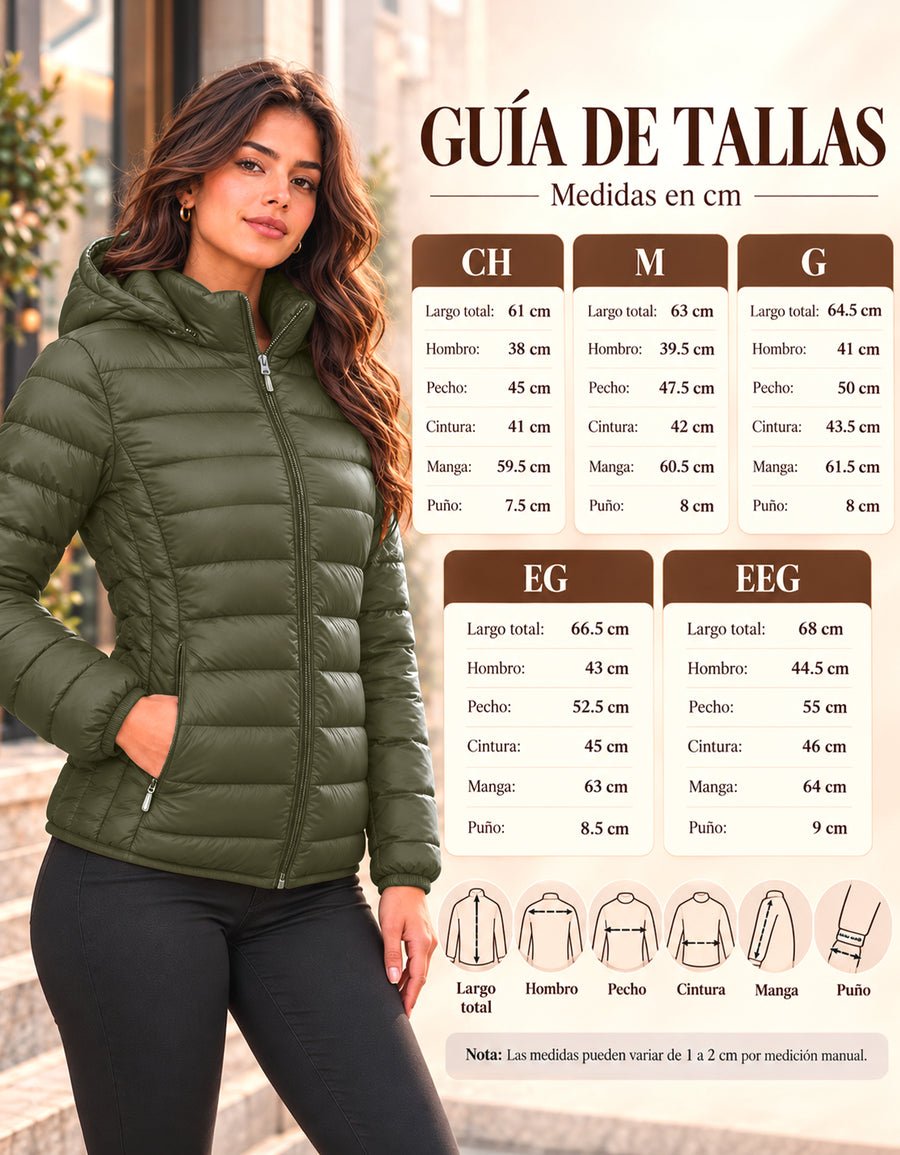 Chamarra Acolchada Mujer con Capucha · Ligera y Entallada color Verde Militar