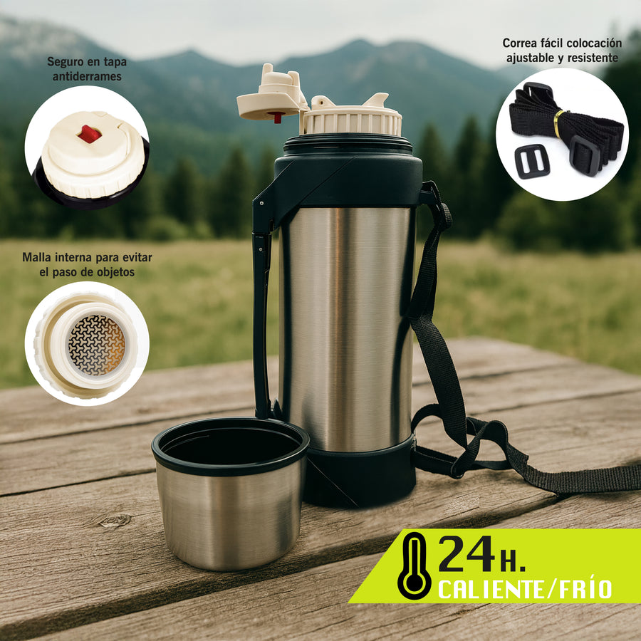 Termo de Acero Inoxidable 2 Litros · Frío y Caliente 24 h · Con Correa y Taza color Acero