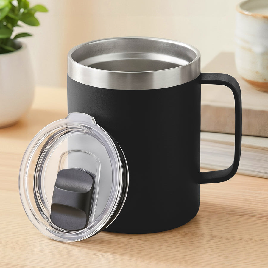 Taza Térmica para Café 12 oz Doble Capa con Asa y Tapa Antiderrame · Negra
