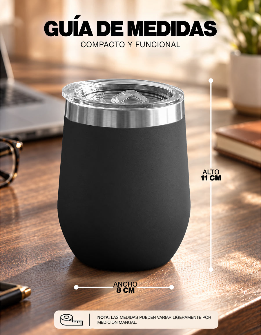 Vaso Térmico de Acero Inoxidable 12 oz con Tapa Deslizable · Café, Té o Bebidas Frías color Negro