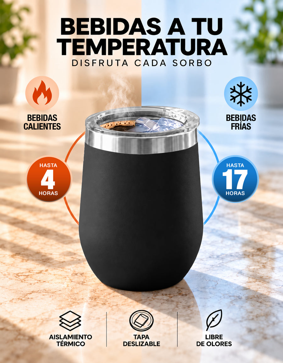 Vaso Térmico de Acero Inoxidable 12 oz con Tapa Deslizable · Café, Té o Bebidas Frías color Negro