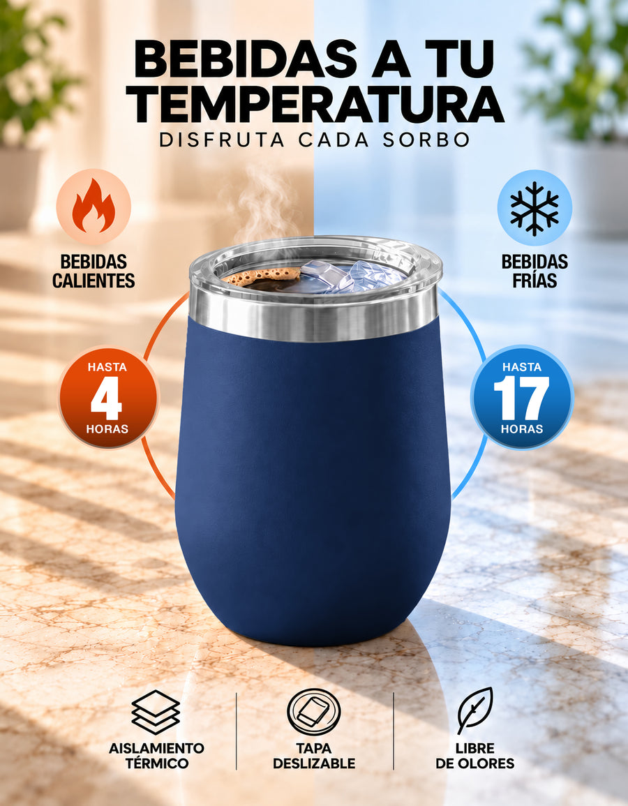 Vaso Térmico de Acero Inoxidable 12 oz con Tapa Deslizable · Café, Té o Bebidas Frías color Azul Marino