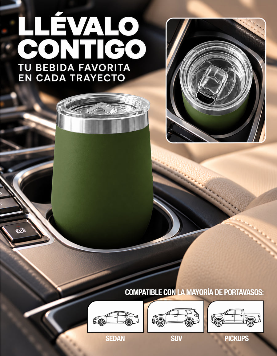Vaso Térmico de Acero Inoxidable 12 oz con Tapa Deslizable · Café, Té o Bebidas Frías color Verde Militar