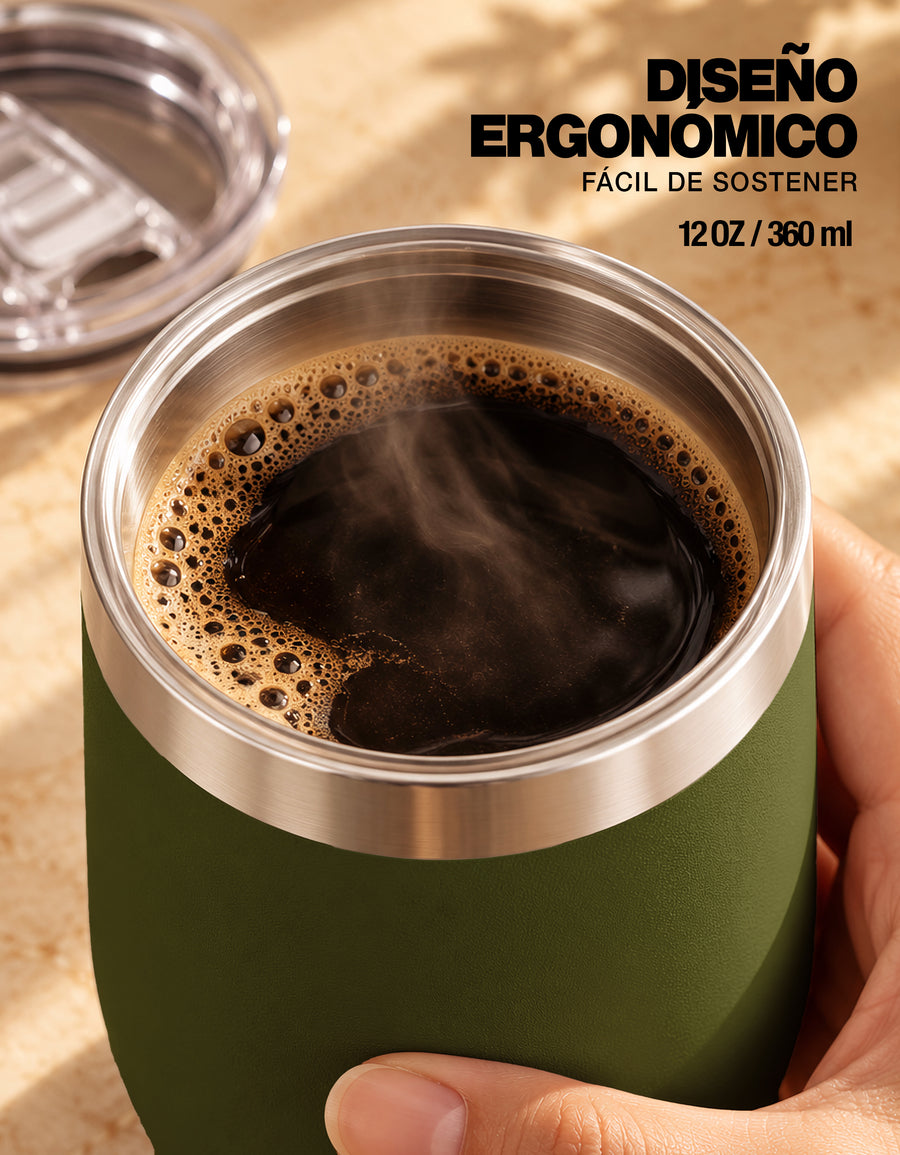 Vaso Térmico de Acero Inoxidable 12 oz con Tapa Deslizable · Café, Té o Bebidas Frías color Verde Militar