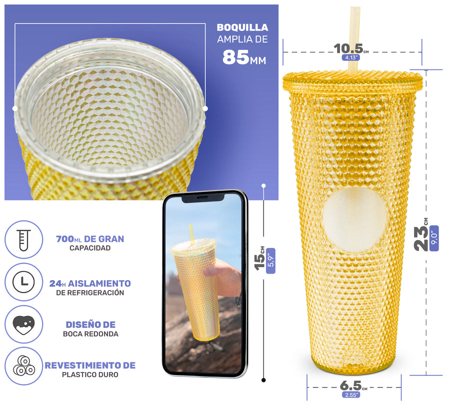Vaso Térmico Tornasol con Relieve 700 ml · Popote y Tapa de Rosca · Doble Pared color Dorado