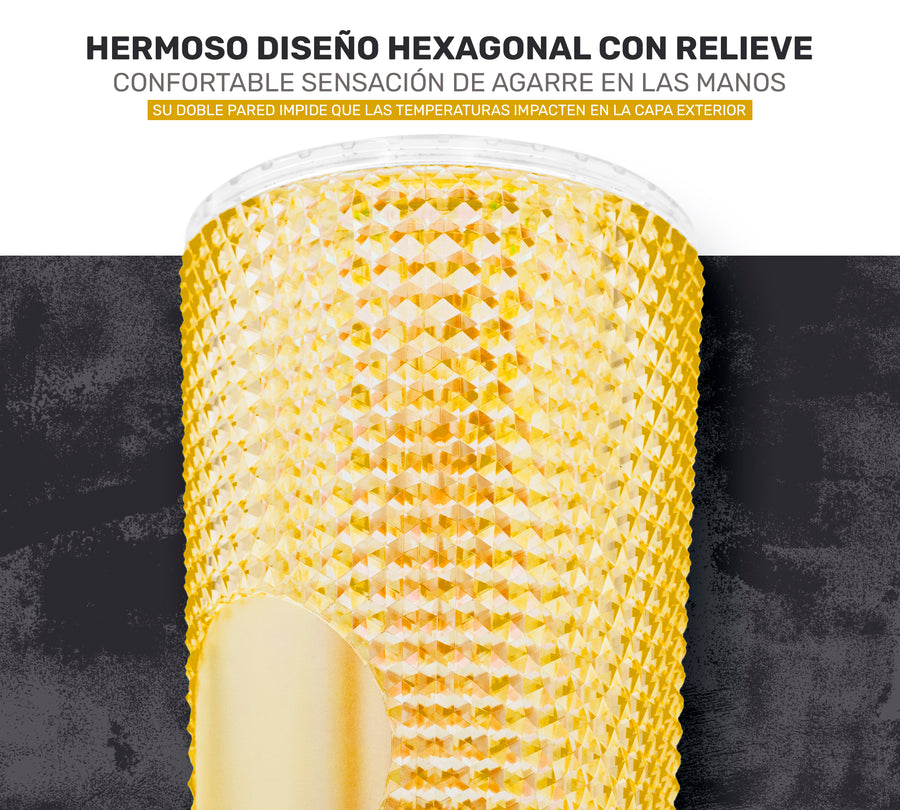 Vaso Térmico Tornasol con Relieve 700 ml · Popote y Tapa de Rosca · Doble Pared color Dorado