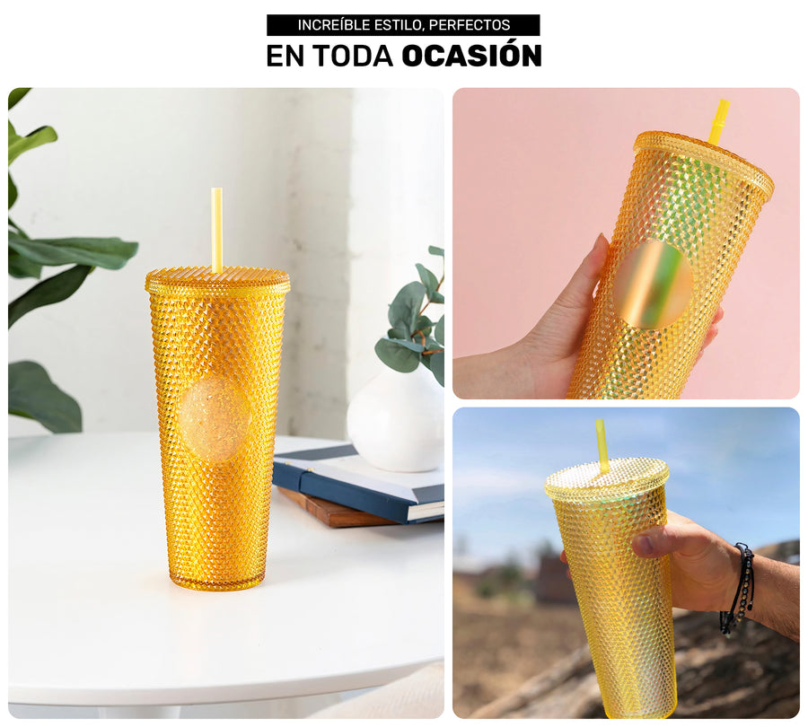 Vaso Térmico Tornasol con Relieve 700 ml · Popote y Tapa de Rosca · Doble Pared color Dorado