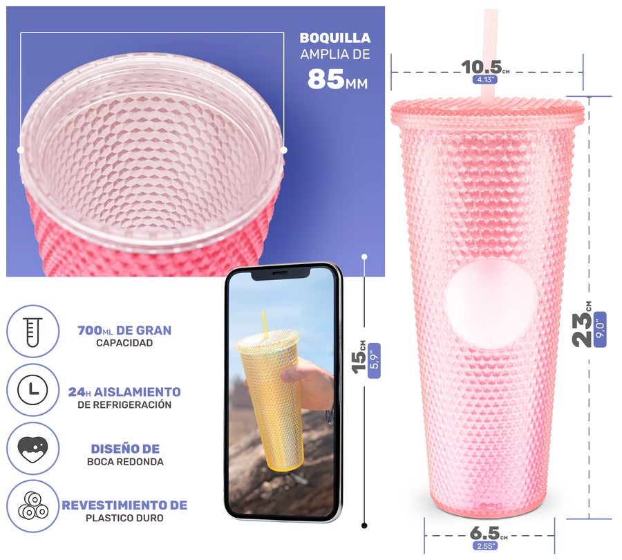 Vaso Térmico Tornasol con Relieve 700 ml · Popote y Tapa de Rosca · Doble Pared color Rosa