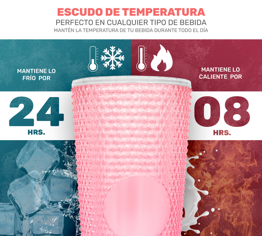 Vaso Térmico Tornasol con Relieve 700 ml · Popote y Tapa de Rosca · Doble Pared color Rosa