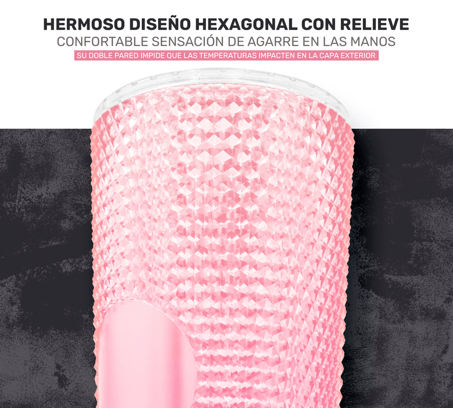 Vaso Térmico Tornasol con Relieve 700 ml · Popote y Tapa de Rosca · Doble Pared color Rosa