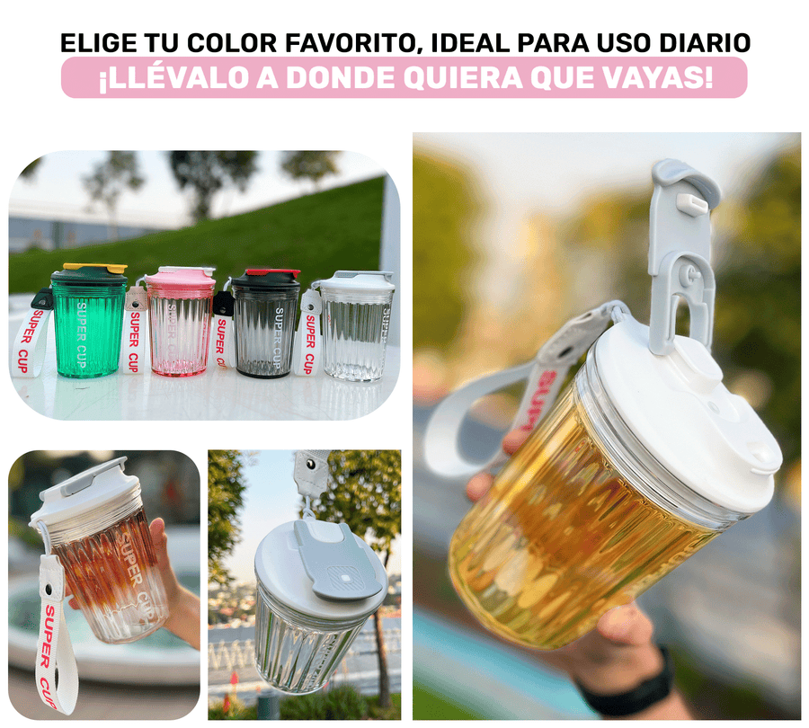 Vaso Térmico Antiderrame 450 ml con Asa Portátil · Doble Pared · Frío 12 h color Transparente
