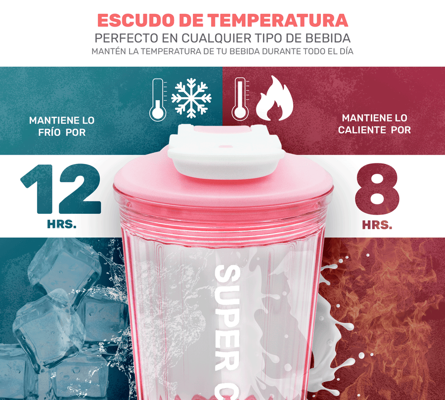 Vaso Térmico Antiderrame 450 ml con Asa Portátil · Doble Pared · Frío 12 h color Rosa