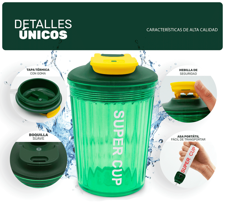 Vaso Térmico Antiderrame 450 ml con Asa Portátil · Doble Pared · Frío 12 h color Verde