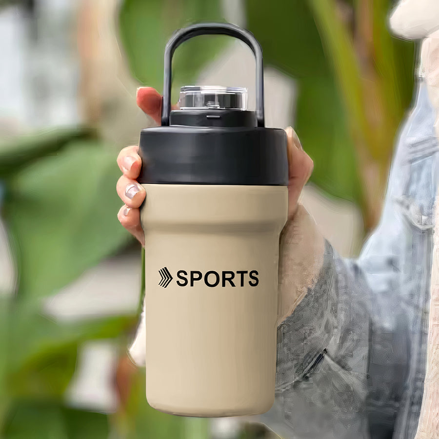 Termo Deportivo Antiderrame de Acero Inoxidable · Con Popote y Tapa Abatible color Khaki