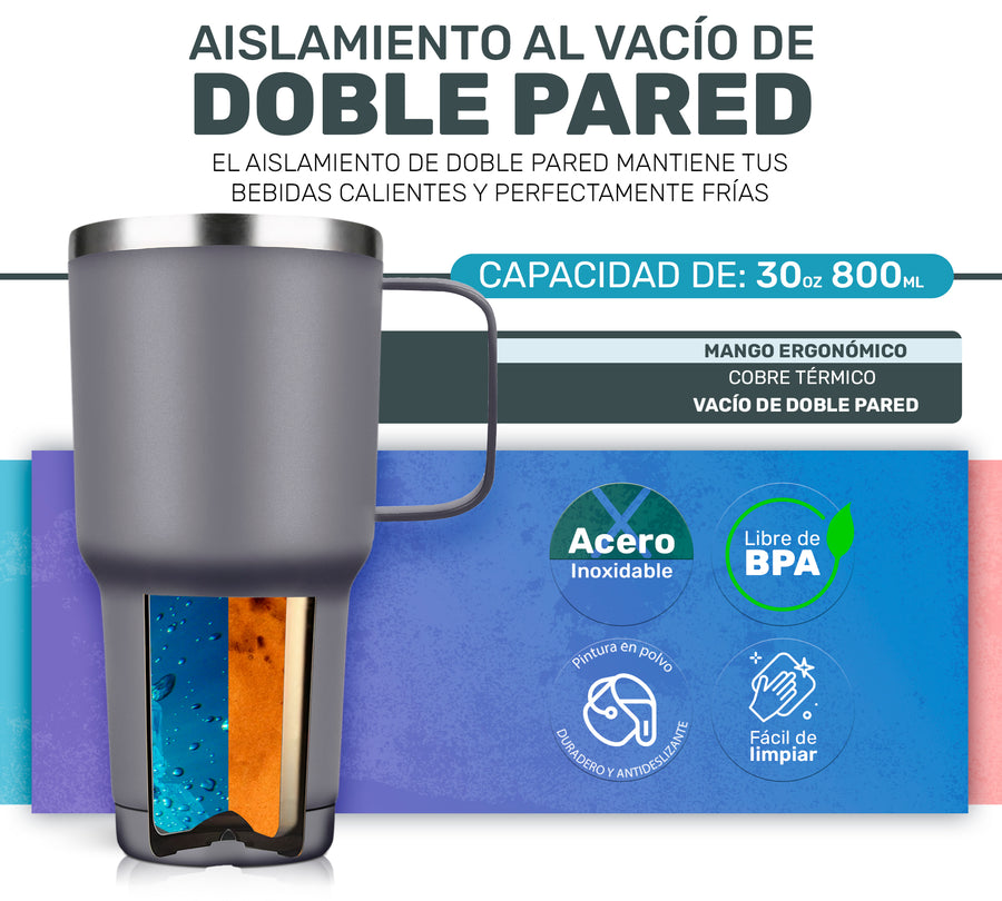 Termo con Asa 30 oz (800 ml) de Acero Inoxidable · Frío 24 h y Caliente 12 h · Gris color Gris