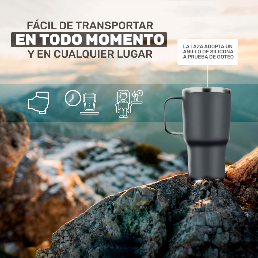Termo con Asa 30 oz (800 ml) de Acero Inoxidable · Frío 24 h y Caliente 12 h · Gris color Gris