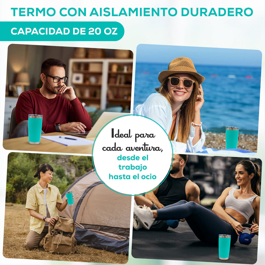 Termo para Café 20 oz de Acero Inoxidable · Tapa Magnética Antiderrame · Doble Pared color Aqua