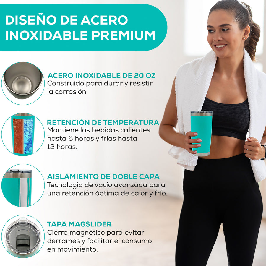 Termo para Café 20 oz de Acero Inoxidable · Tapa Magnética Antiderrame · Doble Pared color Aqua