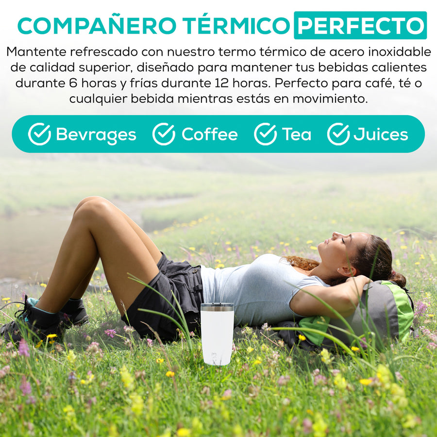 Termo para Café 20 oz de Acero Inoxidable · Tapa Magnética Antiderrame · Doble Pared color Blanco