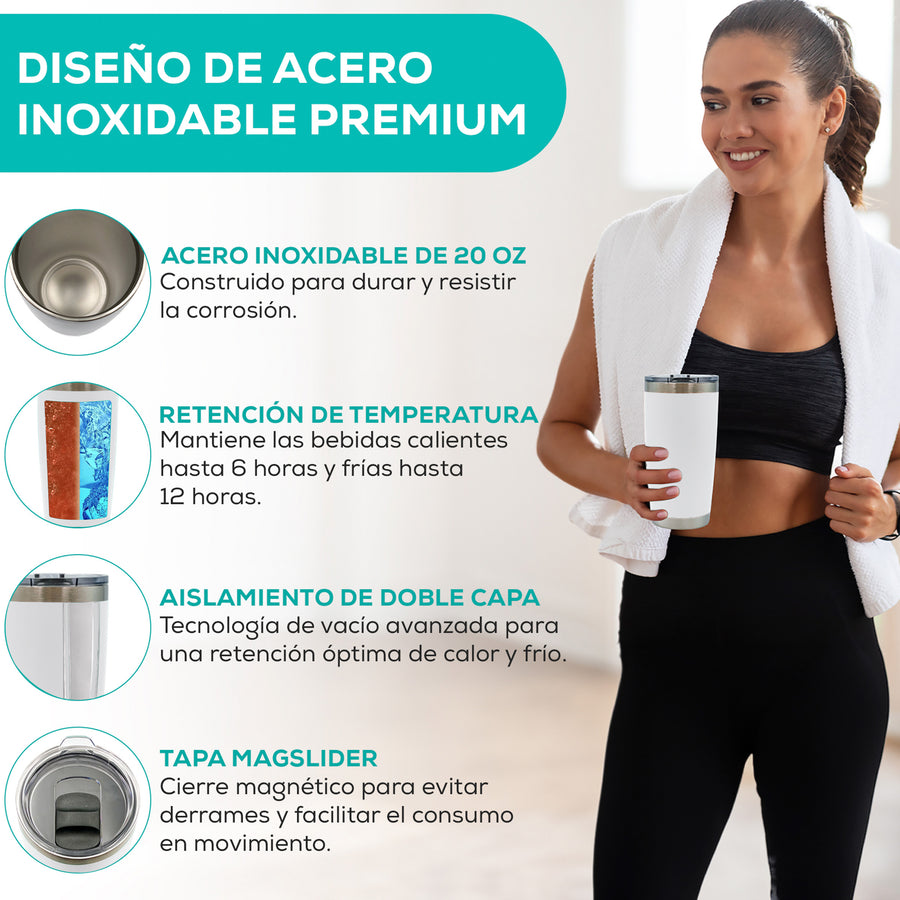Termo para Café 20 oz de Acero Inoxidable · Tapa Magnética Antiderrame · Doble Pared color Blanco