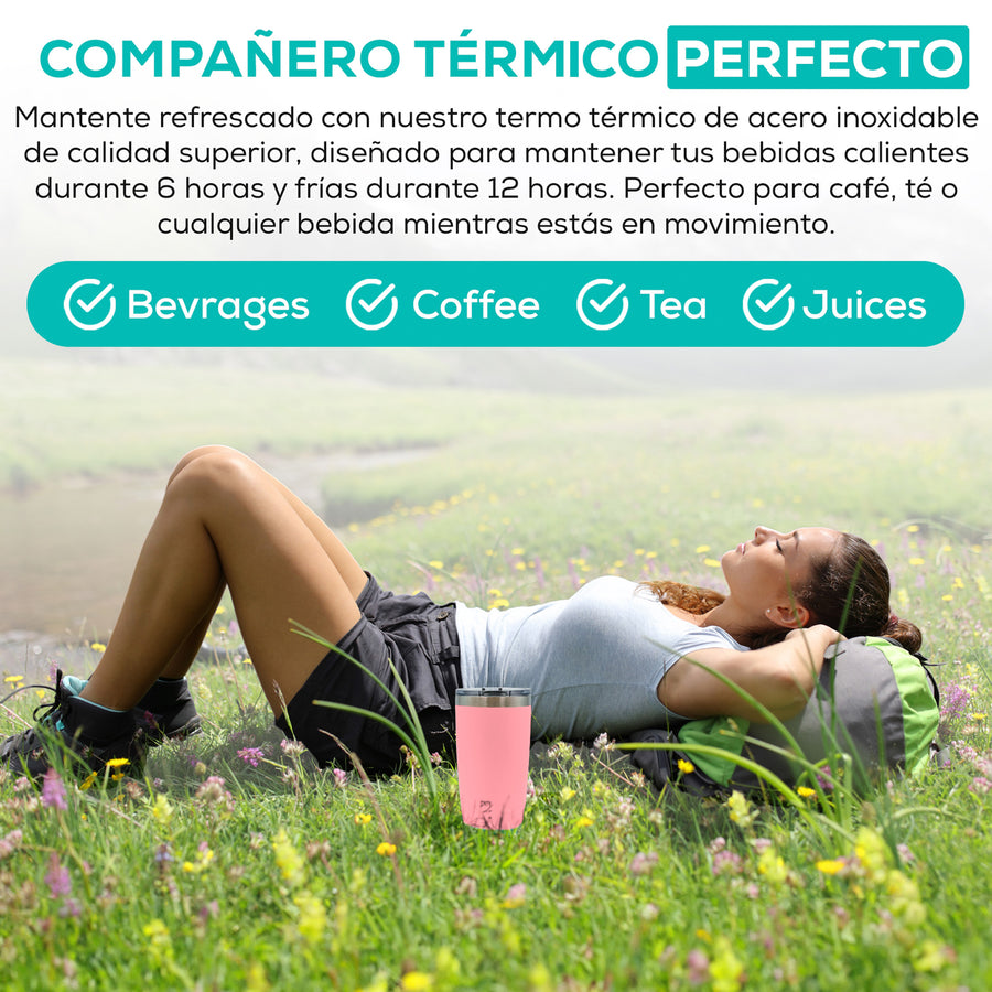 Termo para Café 20 oz de Acero Inoxidable · Tapa Magnética Antiderrame · Doble Pared color Rosa Claro
