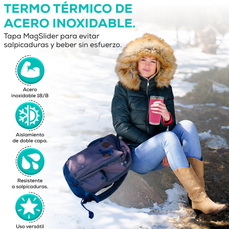 Termo para Café 20 oz de Acero Inoxidable · Tapa Magnética Antiderrame · Doble Pared color Rosa Fuerte