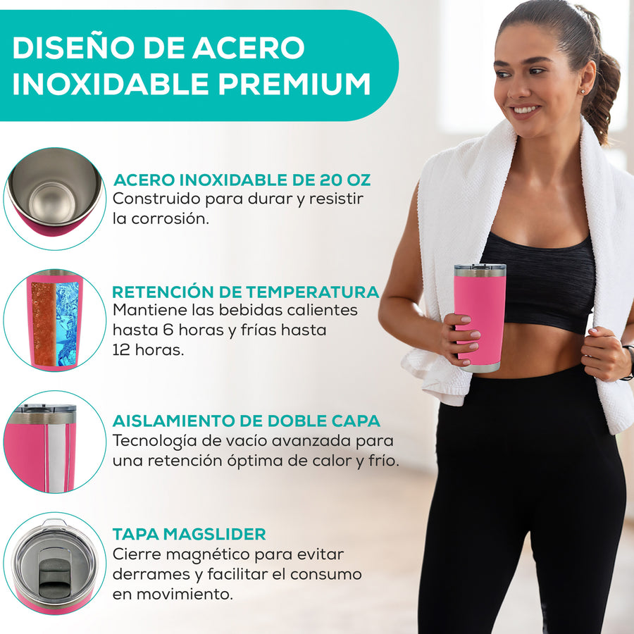 Termo para Café 20 oz de Acero Inoxidable · Tapa Magnética Antiderrame · Doble Pared color Rosa Fuerte