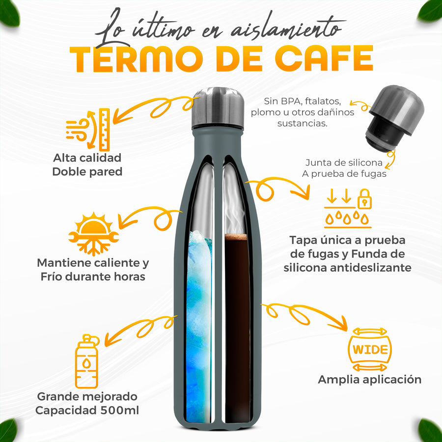 Termo Botella de Acero Inoxidable 500 ml Doble Pared · Frío y Caliente color Gris Mate
