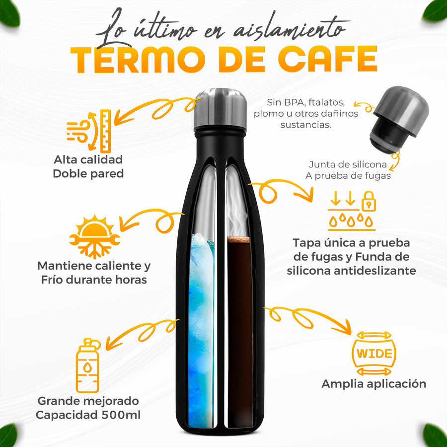 Termo Botella de Acero Inoxidable 500 ml Doble Pared · Frío y Caliente color Negro Mate