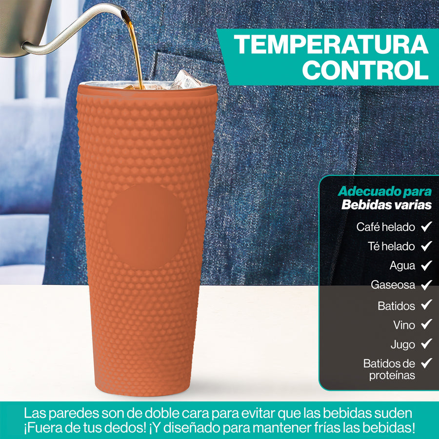 Vaso Térmico con Tachuelas 700 ml · Popote y Tapa de Rosca · Doble Pared color Coral