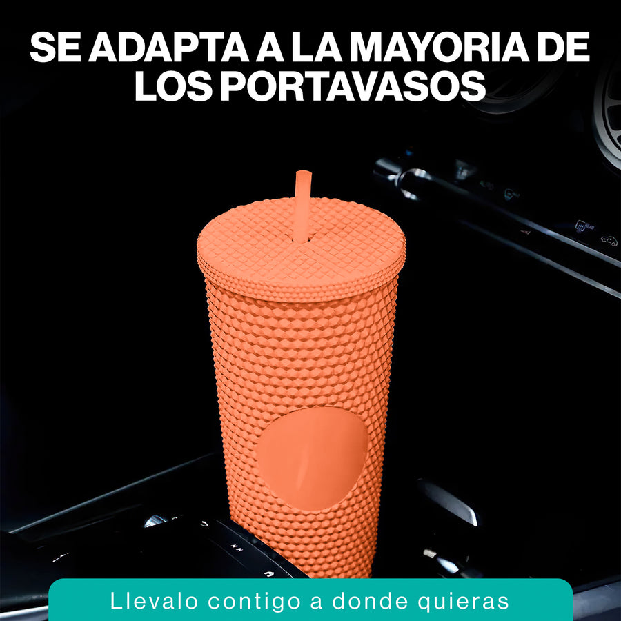 Vaso Térmico con Tachuelas 700 ml · Popote y Tapa de Rosca · Doble Pared color Coral