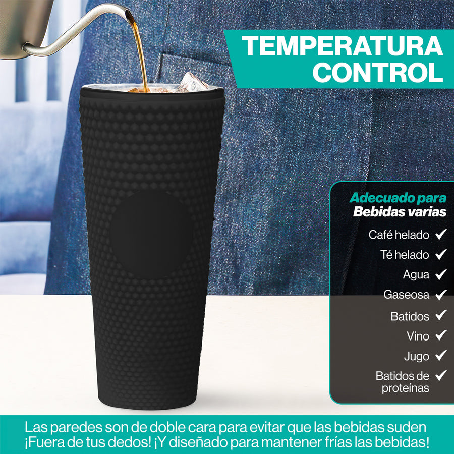Vaso Térmico con Tachuelas 700 ml · Popote y Tapa de Rosca · Doble Pared color Negro